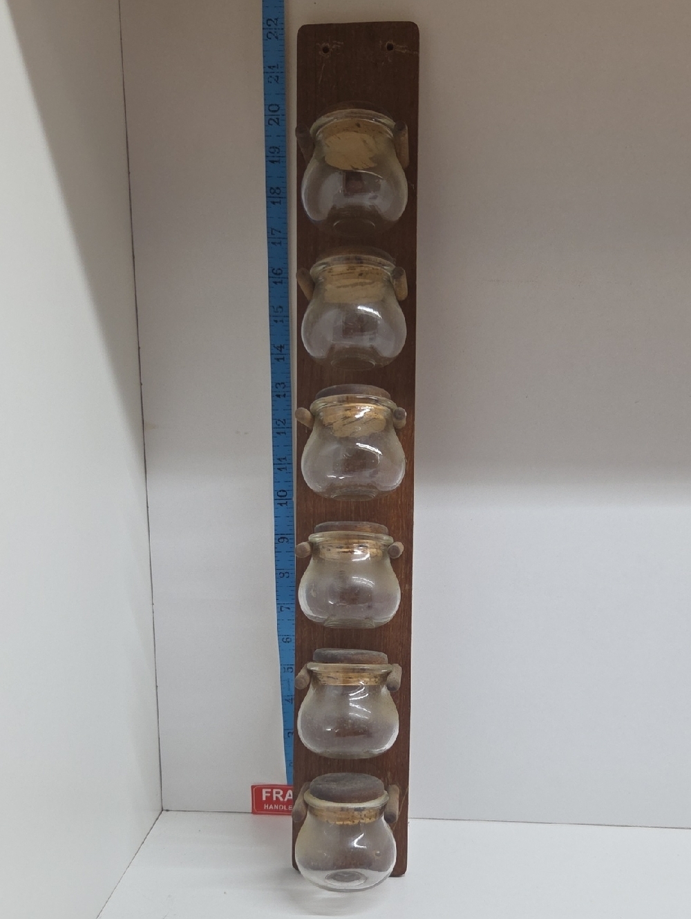 Vintage Homemade Wall-Mounted Wooden Spice Rack with Six Glass Jars -Brown/Clear
